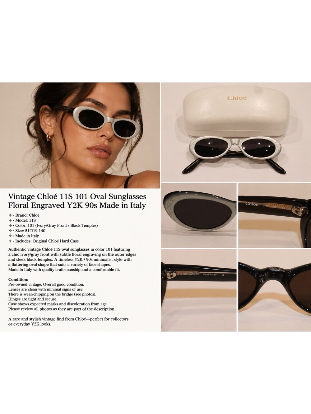 RARE Vintage Chloé 11S Oval Sunglasses Ivory Black Floral Y2K Italy w/ Case